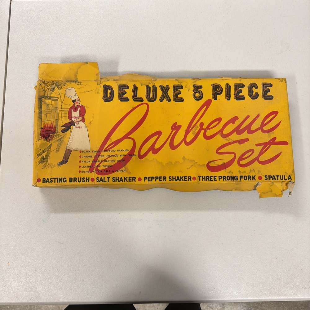 vintage mid-century unbranded deluxe 5-piece barbecue set box unsure if complete